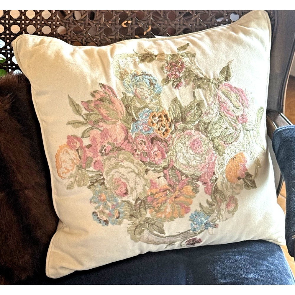 Waverly "Spring Bling" Embroidered Floral Decorative‎ Pillow 15x15 Cottagecore